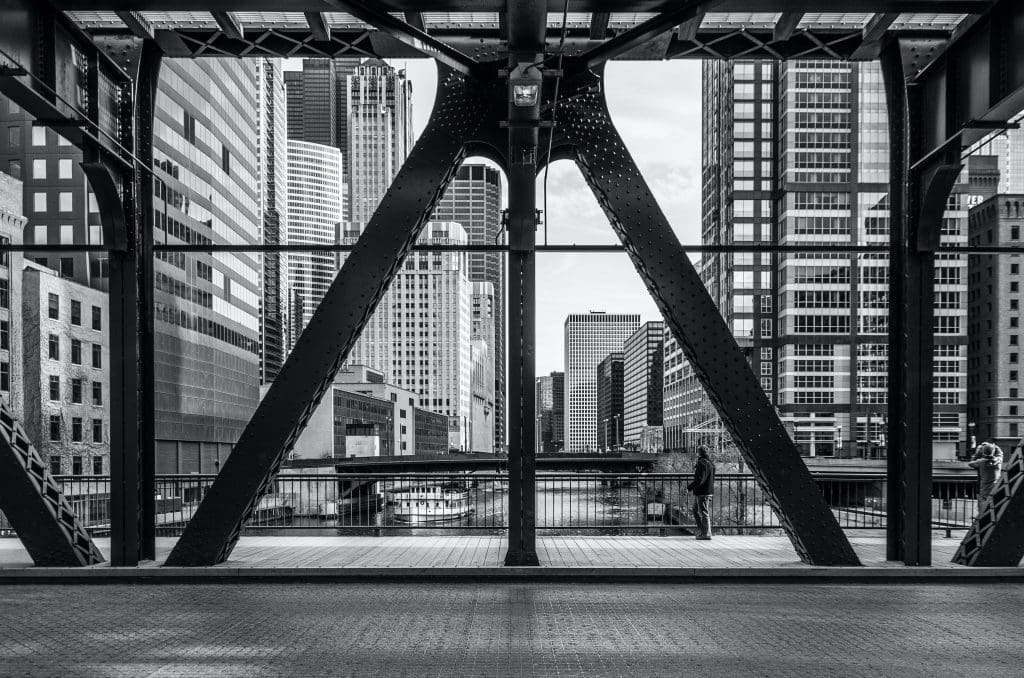 A shot of a bridge in downtown Chicago