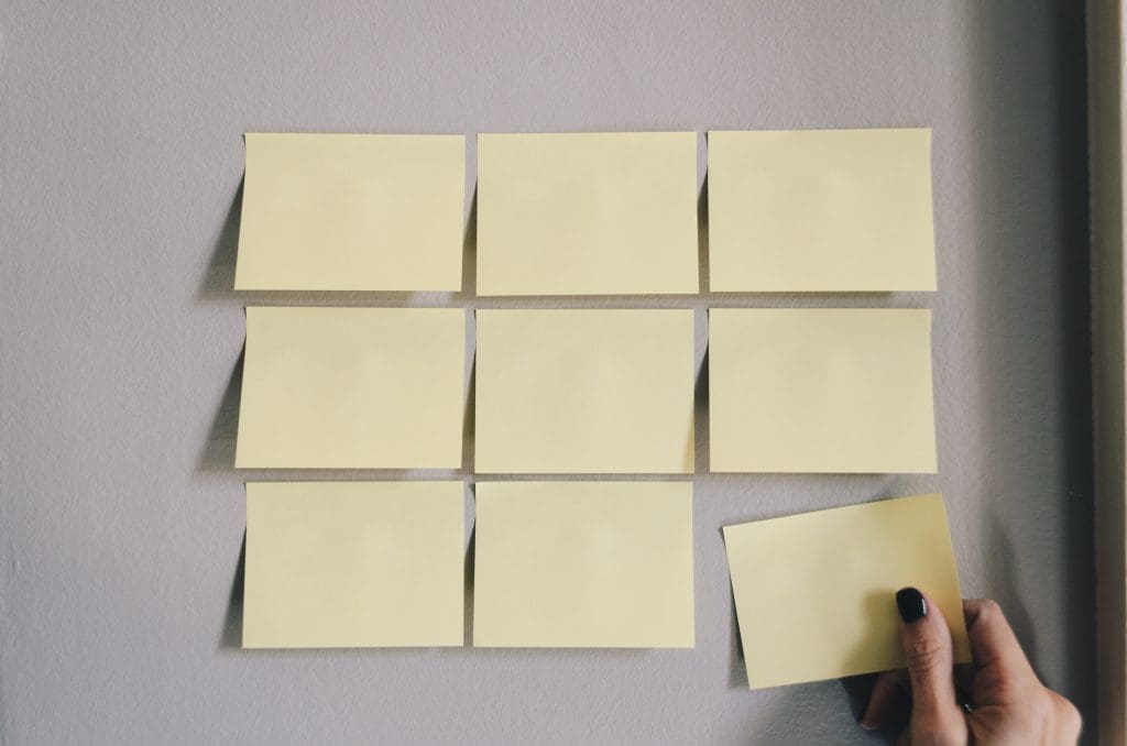 Nine yellow sticky notes placed on a wall in a square formation