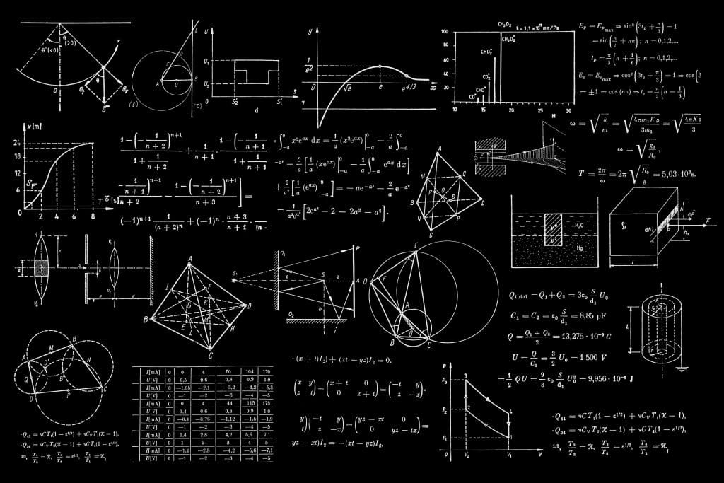 Various formulas and designs written in white against a black background