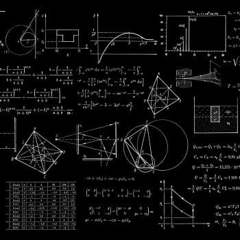 Various formulas and designs written in white against a black background